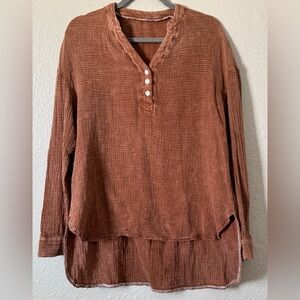 W Sz. Med. V-Neck Gauzy Brown LS Top Flowy High/Low  Lagenlook Minimalist